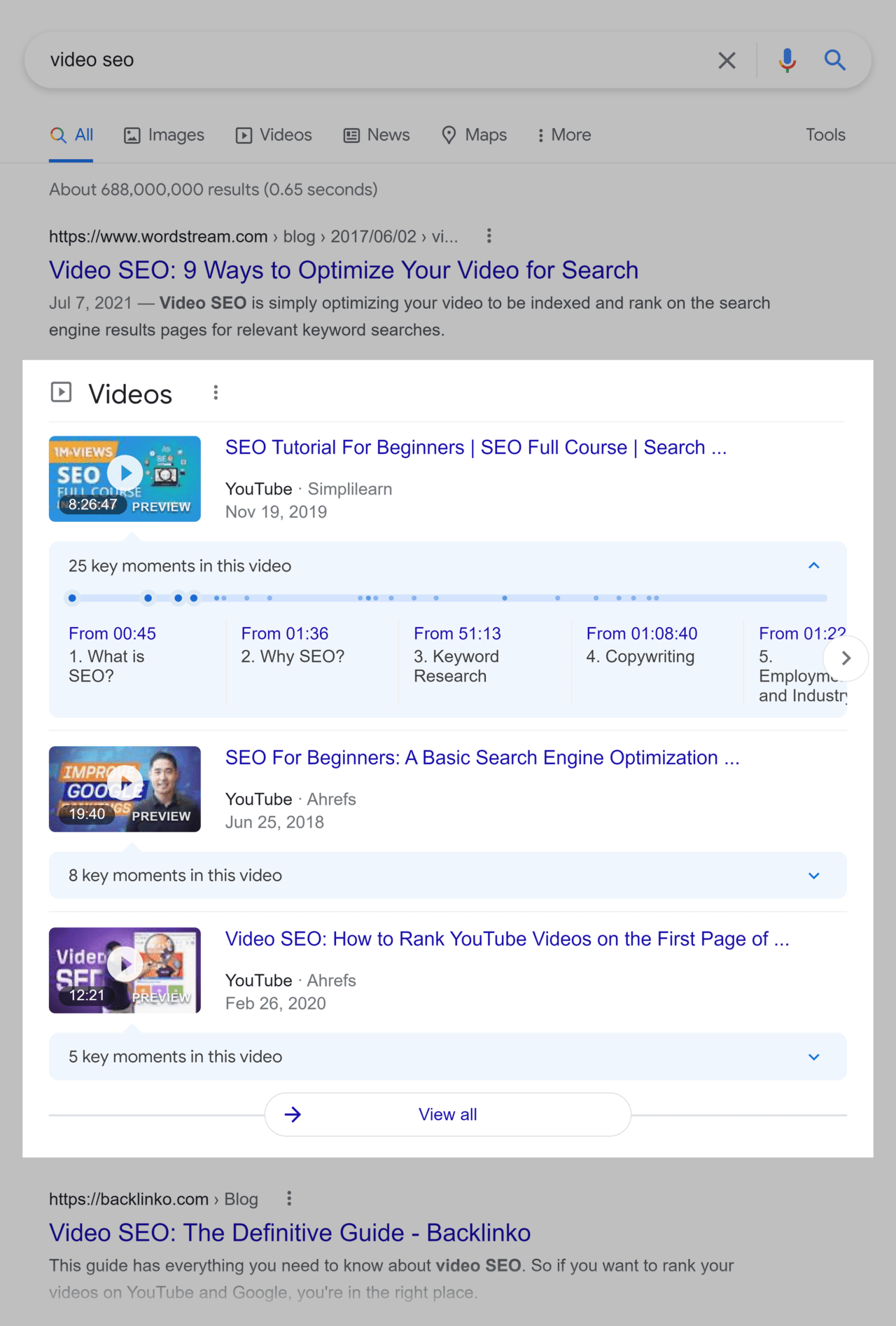 video seo serp videos