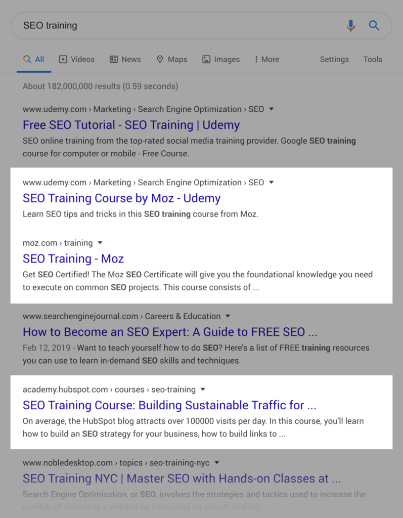 seo-training-landing-pages-in-serp